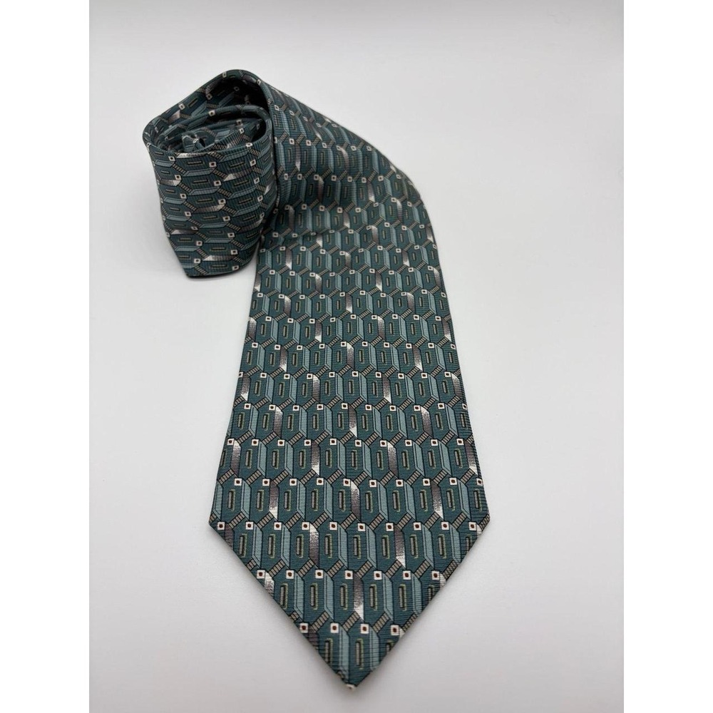 Stafford Executive, Made in Italy, Green/Taupe Geometric 3D Pattern, 100% Silk